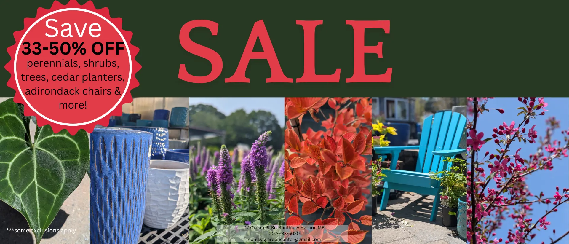 33-50% off Sale on perennials, shrubs, trees, cedar planters, adirondack chairs and more!